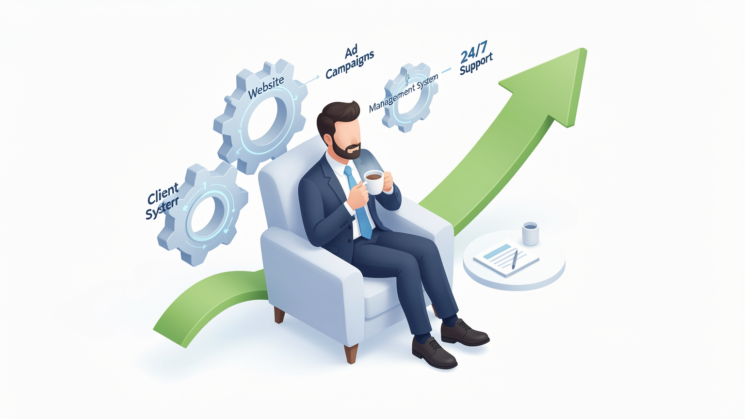 Isometric 3D illustration of a calm, modern businessman sitting in a comfortable chair, drinking coffee. Around him, seamlessly connected floating holographic gears represent 'Website', 'Ad Campaigns', 'Client Management System', and '24/7 Support'. The gears form a smooth, upward-trending green arrow. Clean, minimalist corporate style, soft blue and white color palette, high-tech but approachable mood. No text or labels.